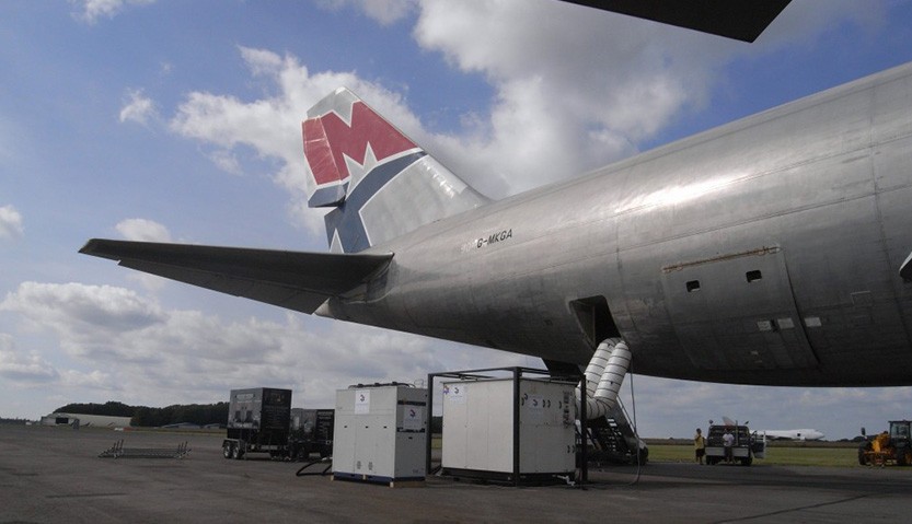 Temporary cooling units installed into a Boeing 747 being used for an event
