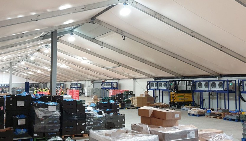 A completed temporary building on hire showing cooling equipment for chilled storage