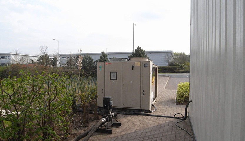 An externally mounted water chiller providing chilled water for internal AHU's
