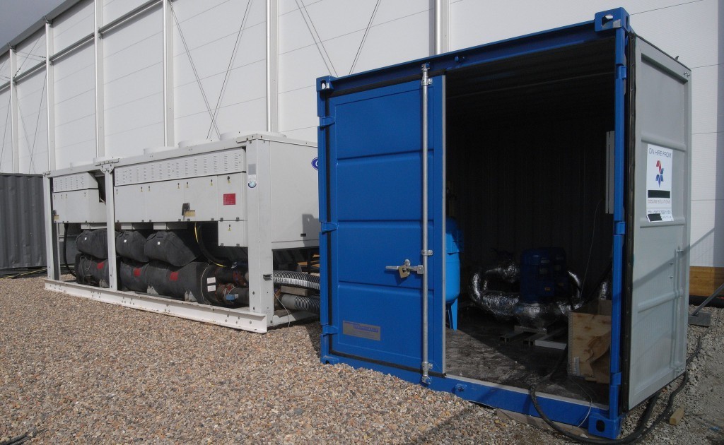 A 700kw temporary chiller and pump located next to a sports facility near London. Serving a temporary building