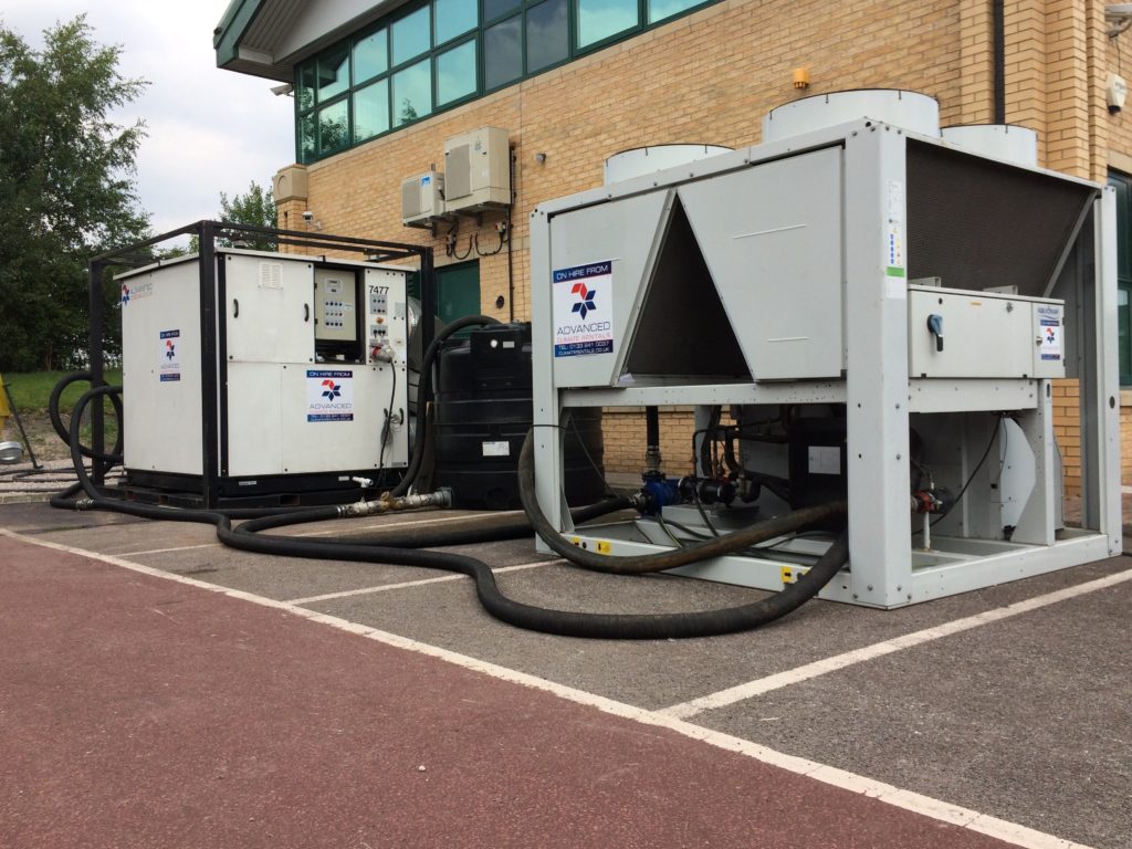 A temporary chiller and AHU fitted outside a data centre for computer room cooling