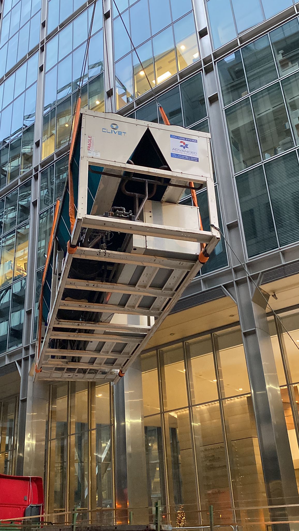 A 1megawatt chiller being lifted in the City of London for temporary chiller hire