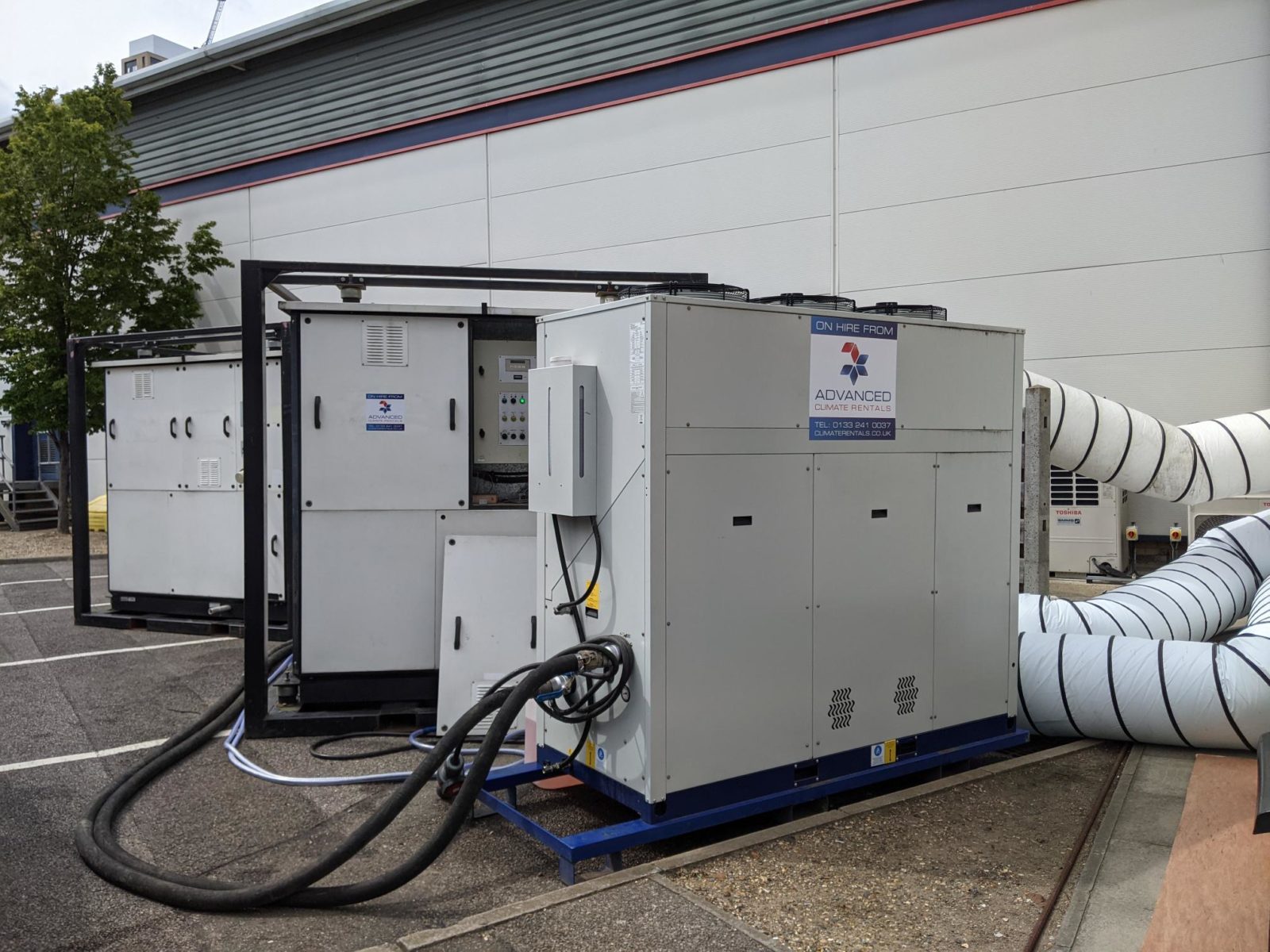 Portable cooling for data centres. Here AHU's and Chillers are positioned outside the building and ductwork used to feed air inside